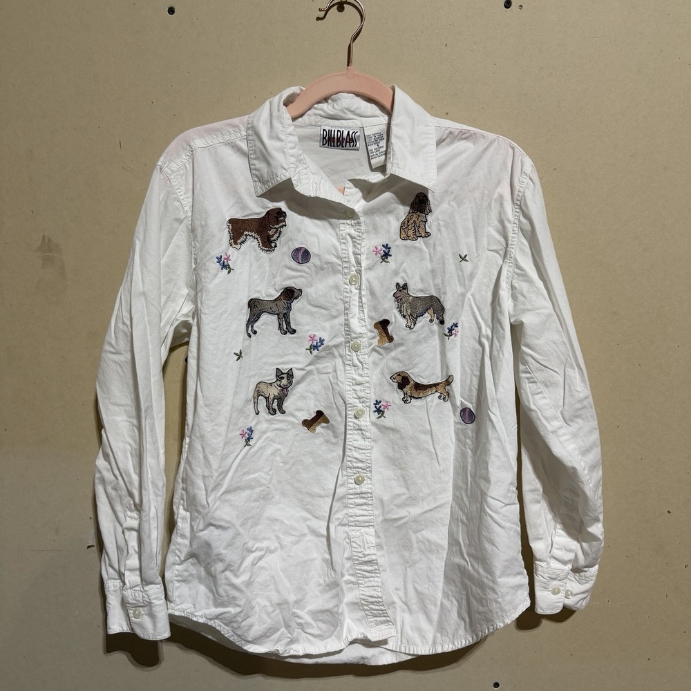 Vintage 90s Bill Blass Dog Embroidered Shirt Cotton Novelty Dog Lover Small